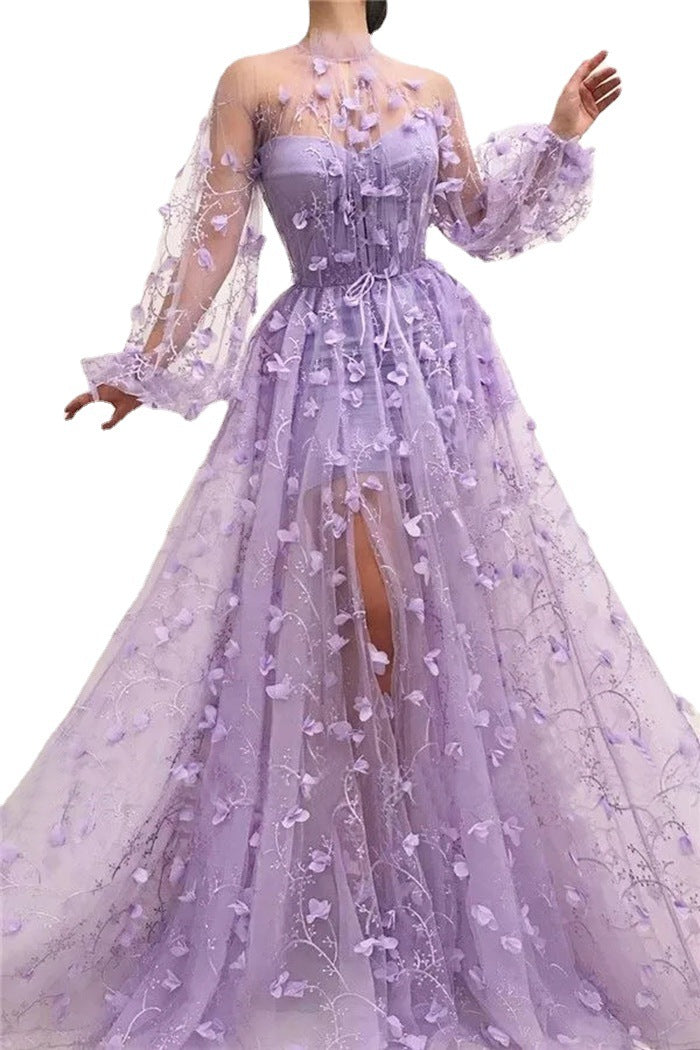 flowersverse Stand Collar Autumn Long-sleeved Nightclub Purple Mesh Slim Fit Banquet Evening Large Dress