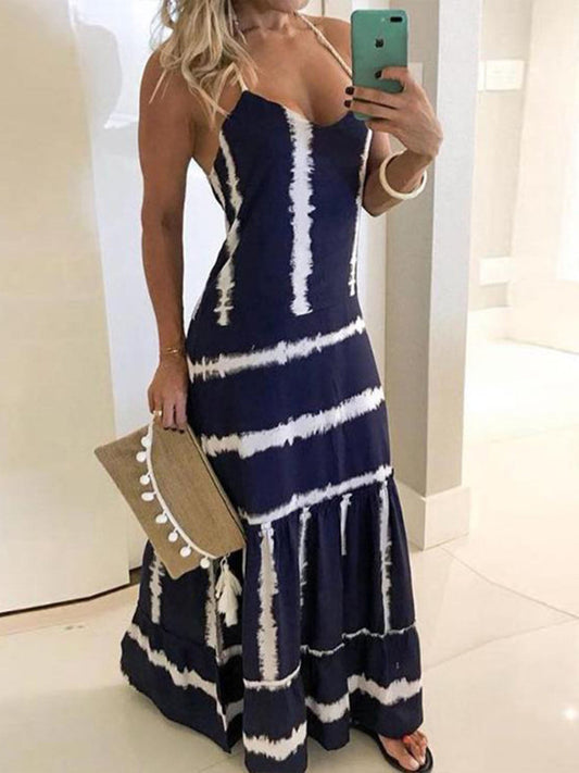 flowersverse European And American Women's New Print Striped Slim Suspenders Casual Pullover A-line Dress