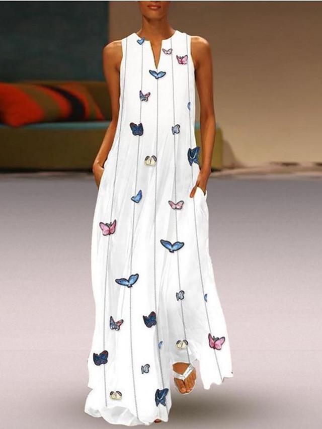 flowersverse Women's A-Line Dress Maxi Long Dress - Sleeveless Butterfly Animal Print Summer V Neck Hot Casual Holiday Beach Vacation Dresses White Yellow Blushing Pink Light Blue White Dresses