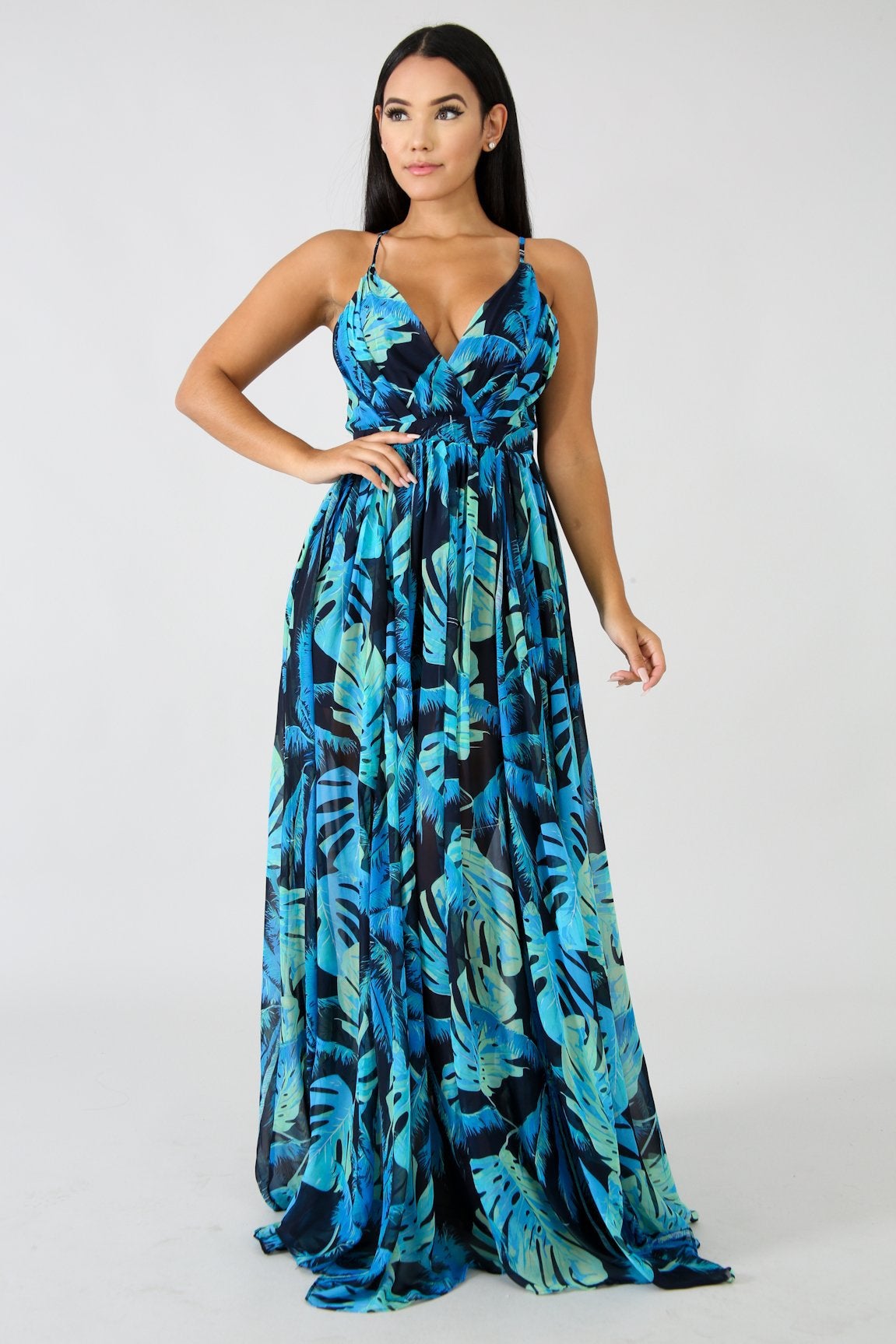 flowersverse Deep V-Neck Back Chiffon Dress