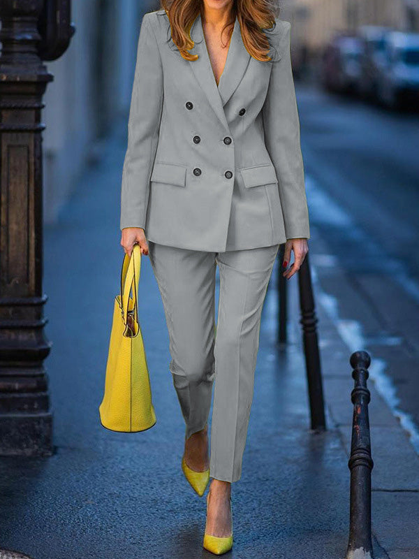 flowersverse Notched Collar Long Sleeves Loose Buttoned Outerwear Top + Pants Bottom Two Pieces Set