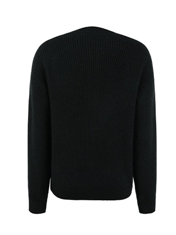 flowersverse Casual Long Sleeves Solid Color Round-Neck Sweater Tops