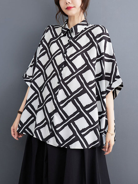 flowersverse Buttoned Plaid Batwing Sleeves Half Sleeves Lapel Collar Blouses&Shirts Tops