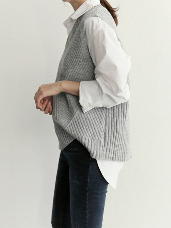 flowersverse Casual Sleeveless Loose Solid Color V-Neck Vest Outerwear