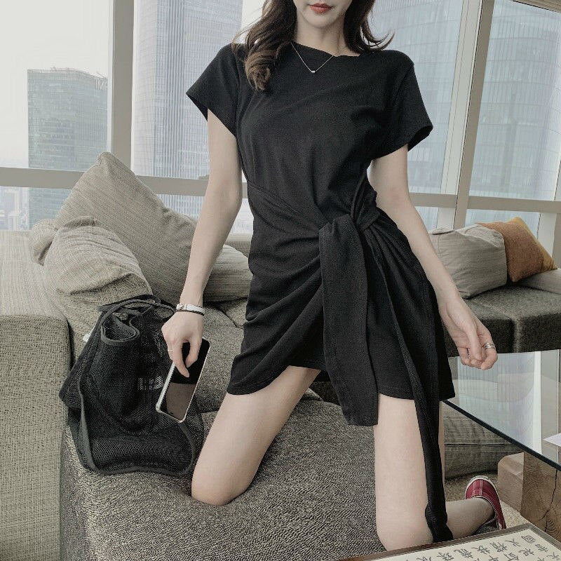 flowersverse Sexy Solid Color Round Neck Cotton Belt Dress Women Summer High Waist A-line Party Nightclub Mini Dress Arrival