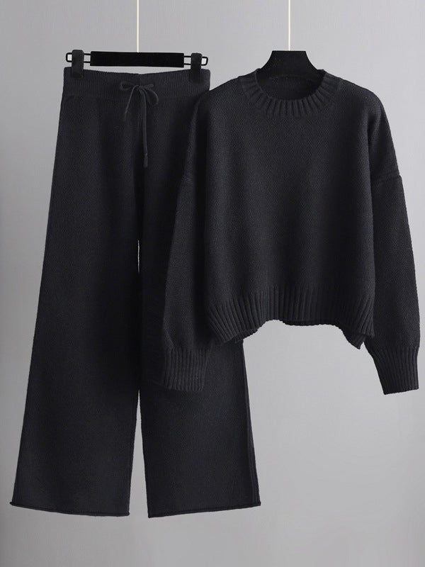 flowersverse Urban Loose Long Sleeves Solid Color Round-Neck High-Low Sweater Tops & Wide Leg Pants Suits