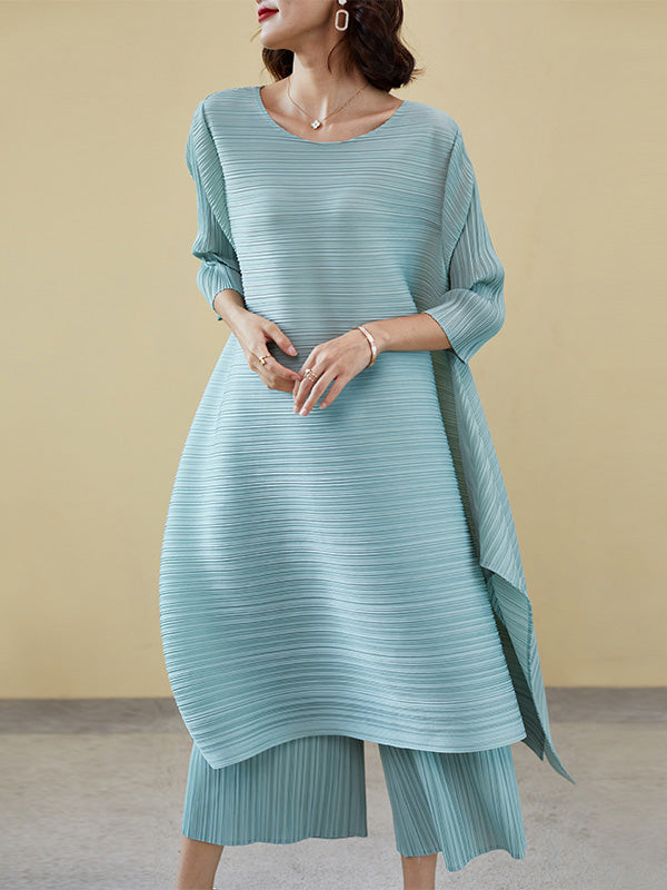 flowersverse Casual Loose Three-Quarter Sleeves Pleated Solid Color T-Shirt&Pants Two Pieces Set