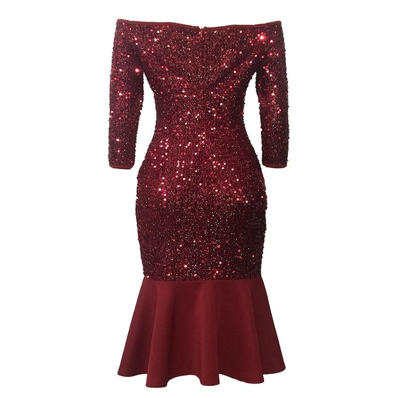 flowersverse Women Red Sequin Mermaid Dress Elegant Off Shoulder Ruffles Party Dress Sexy Club Sequin Midi Dresses Vestidos De Verano
