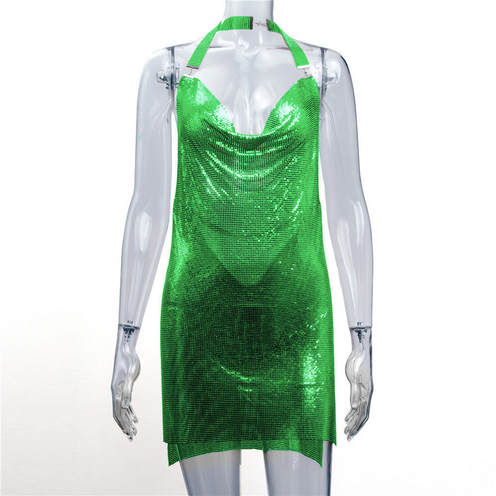 flowersverse Women's Dress Metallic Sequin Halter Neck Sexy Slit Sweet Dress Party Dress