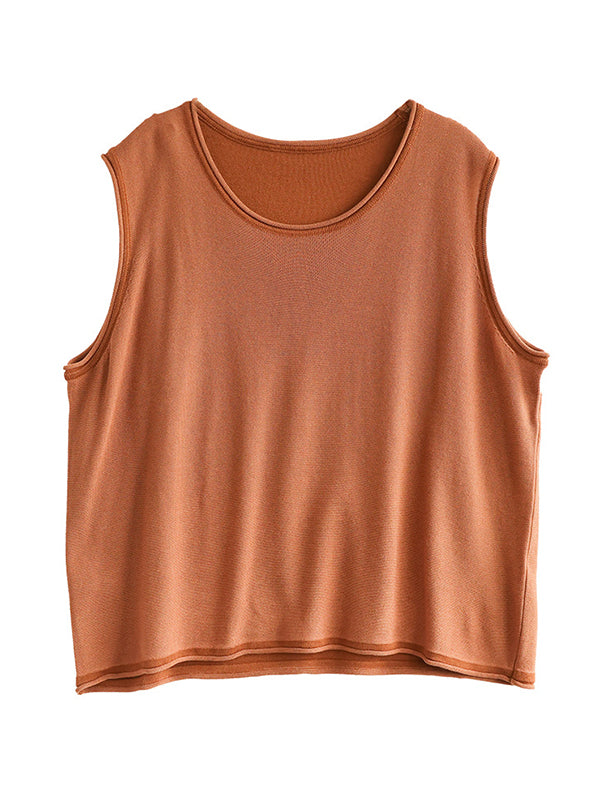 flowersverse Solid Color Loose Sleeveless Round-neck Knitting Vest Top