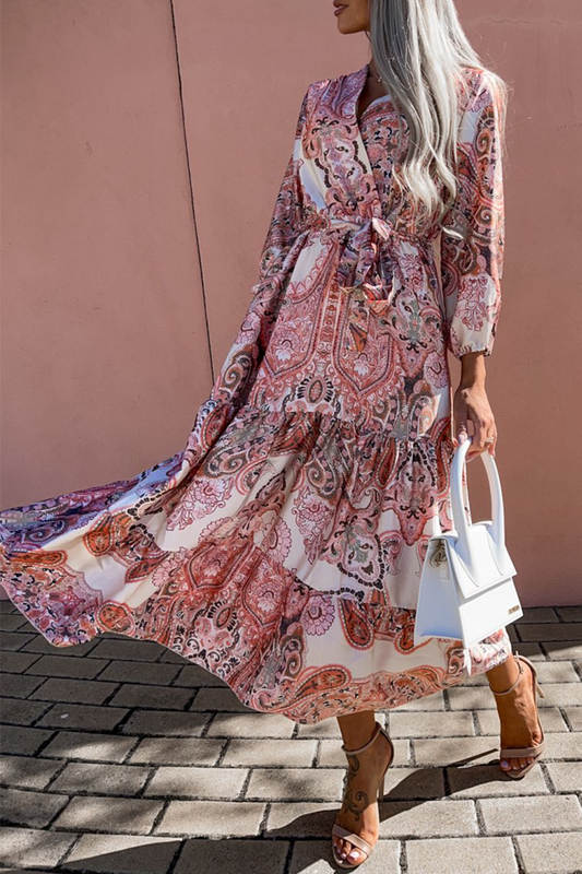 flowersverse Casual Print V Neck Cake Skirt Dresses(3 Colors)