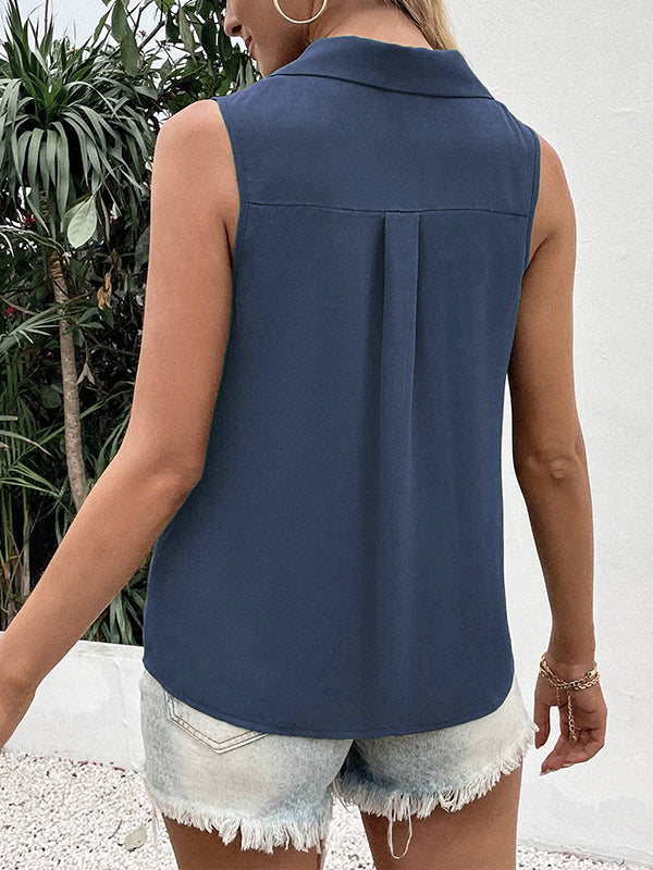 flowersverse Buttoned Solid Color Split-Joint Loose Sleeveless V-neck Vest Top