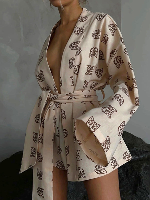 flowersverse Loose Printed Long Sleeves Tied Waist Robes + High-Waisted Short Bottom Robes Pajama Sets