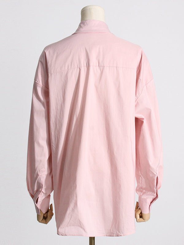 flowersverse Asymmetric Buttoned Pleated Solid Color Split-Joint Three-Dimensional Flower Long Sleeves Loose Lapel Blouses&Shirts Tops