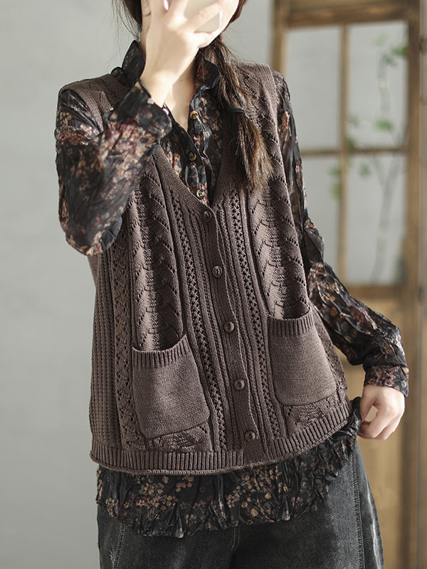 flowersverse Casual Loose Sleeveless Buttoned Hollow Solid Color V-Neck Vest Outerwear