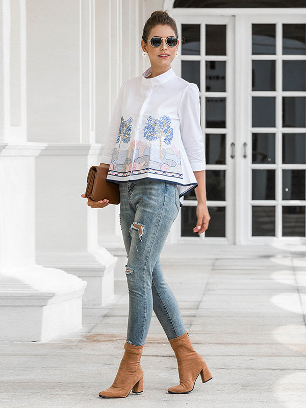 flowersverse Casual Three-Quarter Sleeves Loose Embroidered Stand Collar Blouses&Shirts Tops