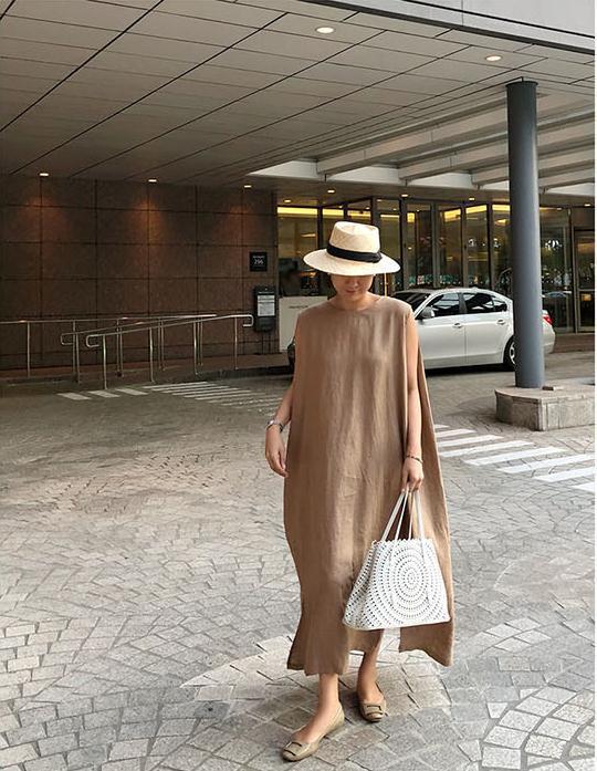 flowersverse Loose Cotton Vest Dress New Round Neck Sleeveless Long Dress Linen