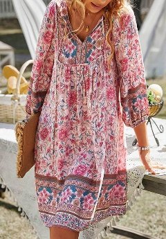 flowersverse Plus Size Loose V Neck Boho Long Sleeve Women Dress