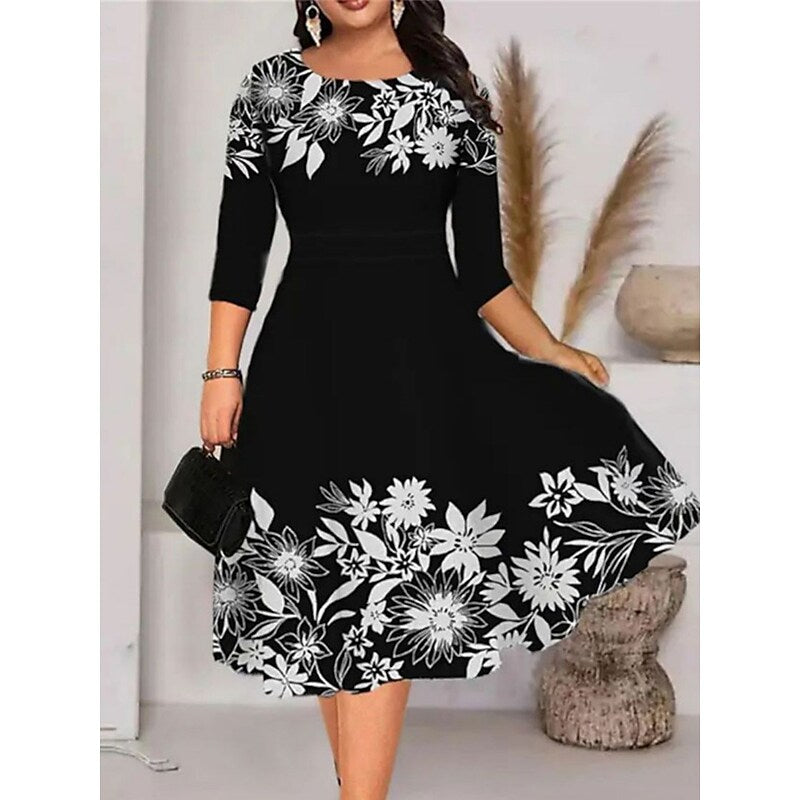 flowersverse Women's Plus Size Work Dress A Line Dress Leaf Floral Midi Dress Half Sleeve Print Crew Neck Elegant Office Black White Spring Summer XL XXL 3XL 4XL 5XL