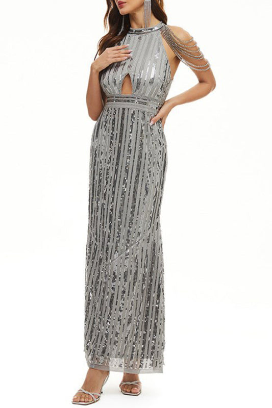 flowersverse Celebrities Elegant Solid Sequins Patchwork O Neck Evening Dress Dresses