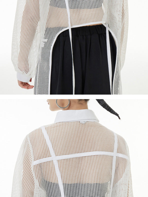 flowersverse Stylish Long Sleeves Loose Mesh See-Through Sun Protection Blouses&Shirts Tops