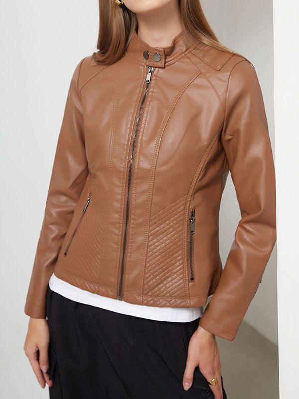 flowersverse Buttoned Pockets Split-Joint Zipper Long Sleeves Plus Size Stand Collar Outerwear Jackets