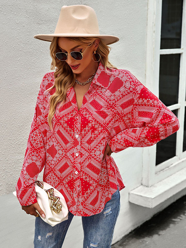 flowersverse Casual Loose Printed Lapel Collar Shirt Top