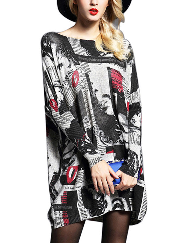 flowersverse Letter Print Printed Long Sleeves Loose Round-Neck Sweater Tops Pullovers Knitwear