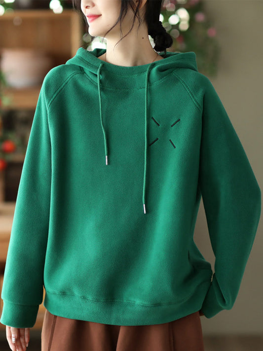 flowersverse Simple Long Sleeves Loose Velvet Keep Warm Solid Color Hoodies Tops