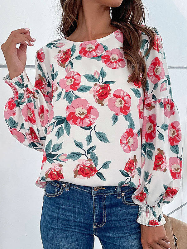 flowersverse Elasticity Flower Print Long Sleeves Loose Round-Neck Blouses&Shirts Tops