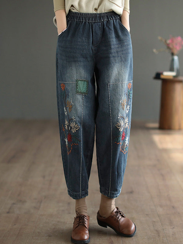 flowersverse Vintage Loose Embroidered Elasticity Harem Jean Pants Bottoms