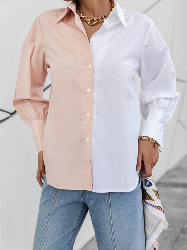 flowersverse Buttoned Contrast Color Long Sleeves Loose Lapel Blouses&Shirts Tops