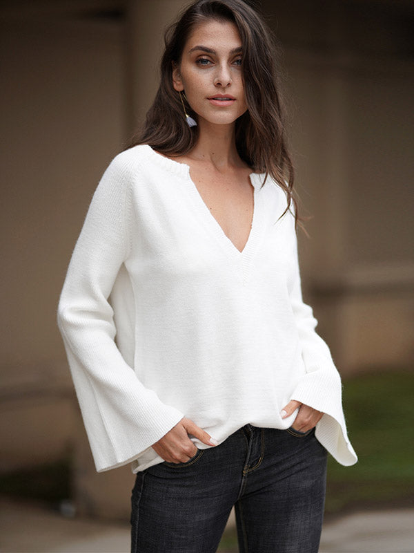 flowersverse Casual Long Sleeves Loose Solid Color V-Neck Sweater Tops