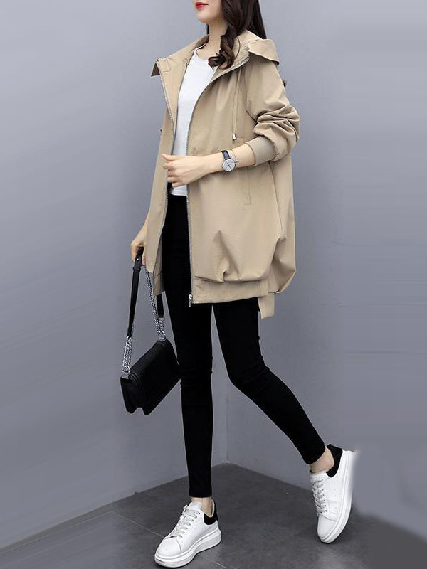 flowersverse Casual Loose 4 Colors Pleated Zipper Hooded Long Sleeves Outwear