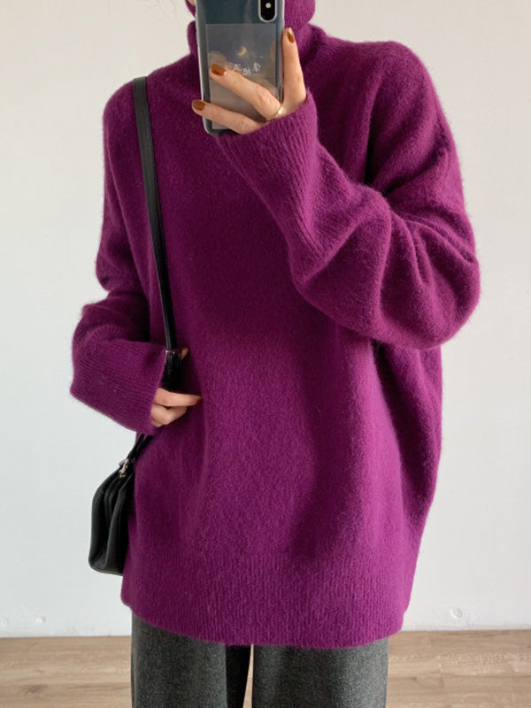 flowersverse Casual Long Sleeves Loose Solid Color High-Neck Sweater Tops