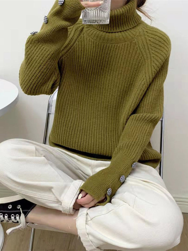 flowersverse Casual Loose Long Sleeves Solid Color High-Neck Sweater Tops