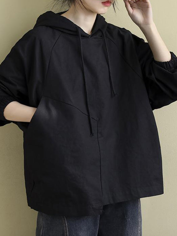 flowersverse Artistic Retro Solid Color Split-Joint Hooded Long Sleeves Hoodies