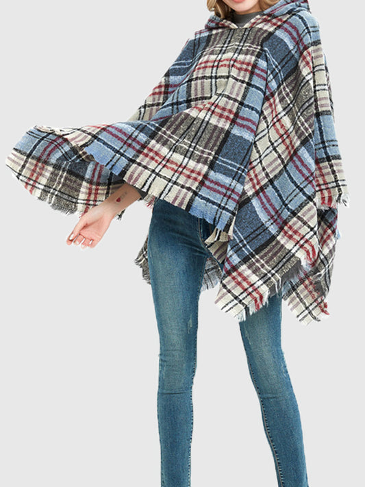 flowersverse Fringed Hooded Keep Warm Plaid Shawl&Cloak Cape
