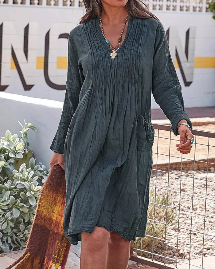 flowersverse Vintage Casual V-Neck Solid Color Linen Dress