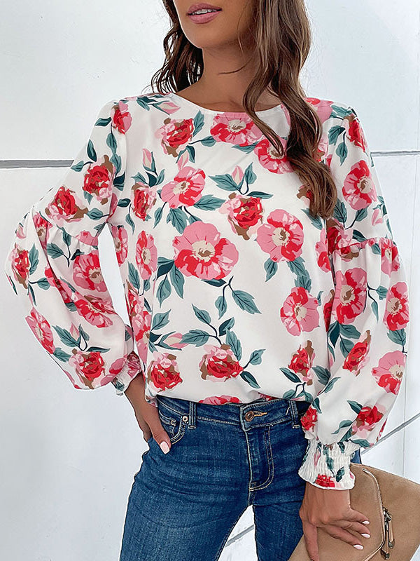 flowersverse Elasticity Flower Print Long Sleeves Loose Round-Neck Blouses&Shirts Tops