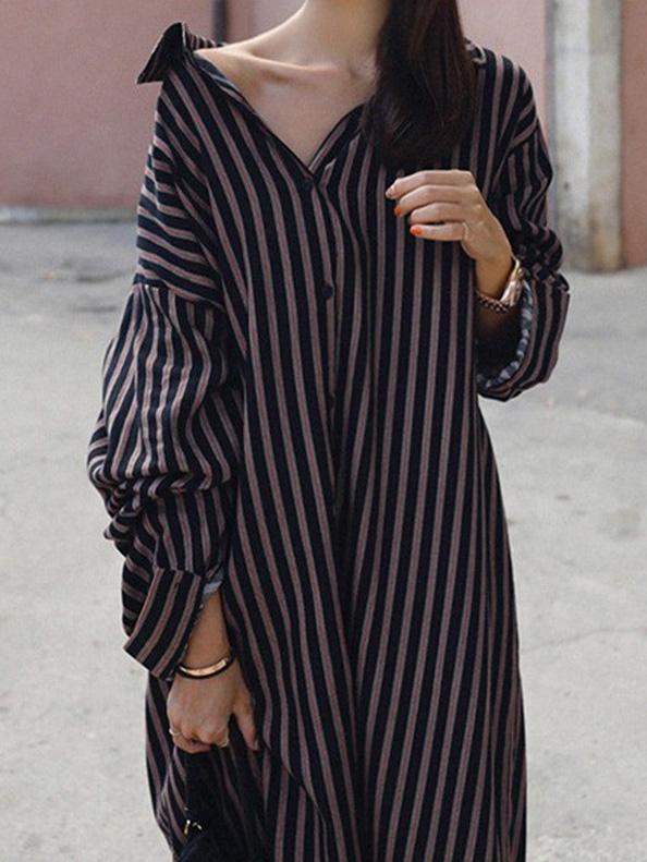 flowersverse Loose Striped Lapel Split-joint Blouse Dress