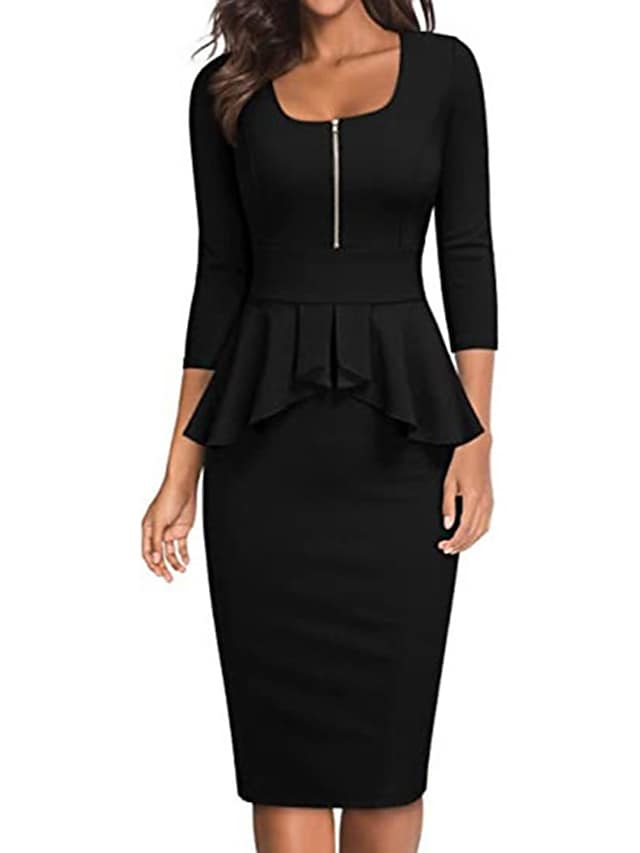 flowersverse Women's Work Dress Sheath Dress Semi Formal Dress Elegant Midi Dress Ruffle Zipper Square Neck 3/4 Length Sleeve Plain Regular Fit Black Wine Navy Blue Spring Summer S M L XL XXL