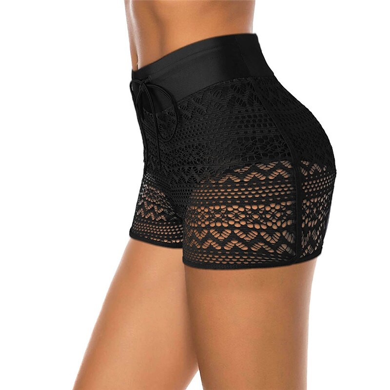 flowersverse Women's Swimwear Cover Up Swim Shorts Plus Size Swimsuit Lace Elastic Waist Pure Color Black Navy Blue Bathing Suits Sports Vacation Neutral