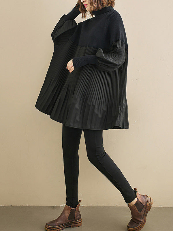flowersverse Knitting Pleats Split-Joint High-Neck Pullover Top