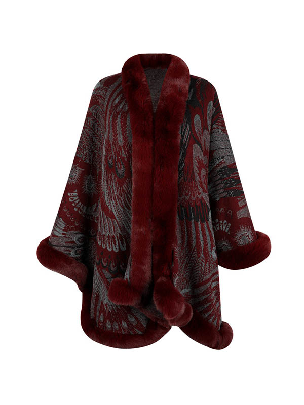flowersverse Jacquard Keep Warm Velvet Long Sleeves Loose Collarless Shawl Cape