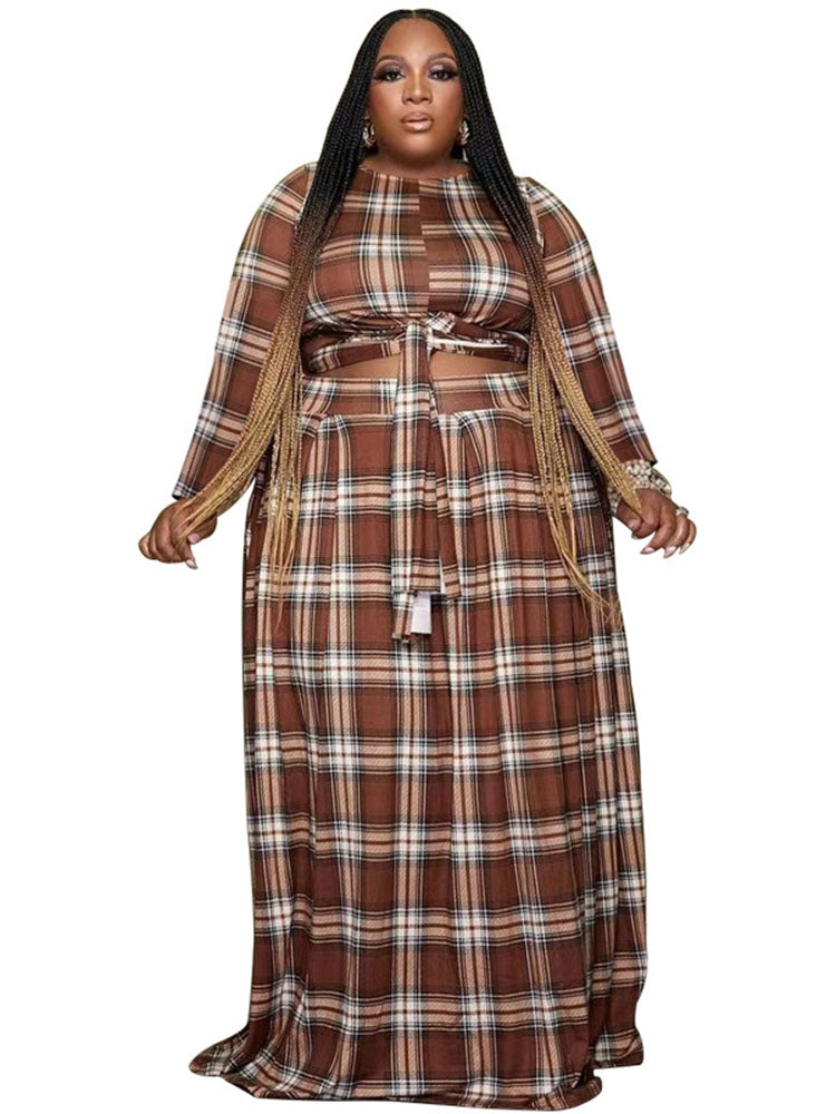 flowersverse Two Piece Plaid Crop Top Maxi Skirt Plus Size Set