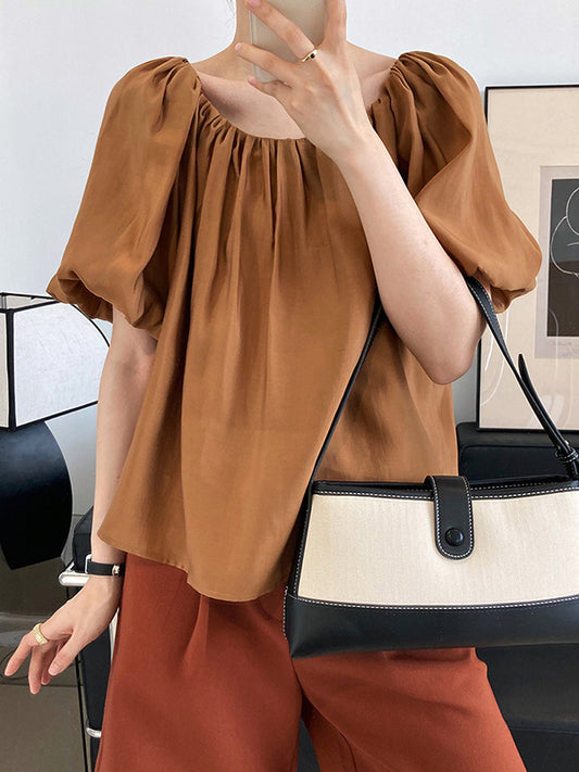 flowersverse Original Off-The-Shoulder Solid Color Pleated Puff Sleeves Tunic Top