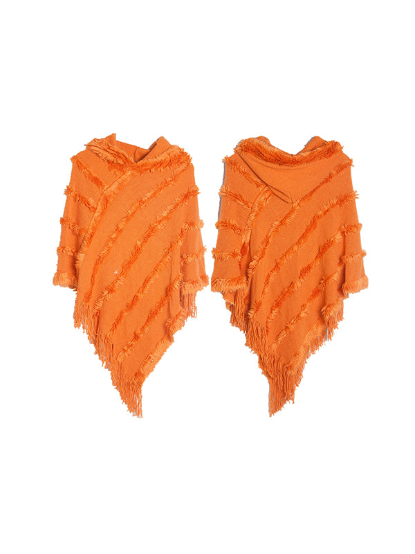 flowersverse Hooded Keep Warm Solid Color Tasseled Shawl&Cloak Cape