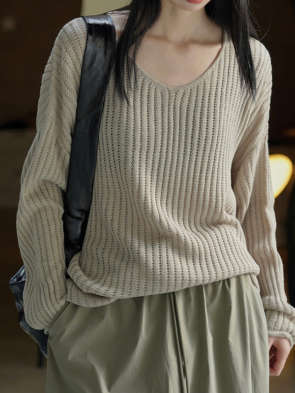 flowersverse Solid Color Long Sleeves Loose V-Neck Sweater Tops Pullovers