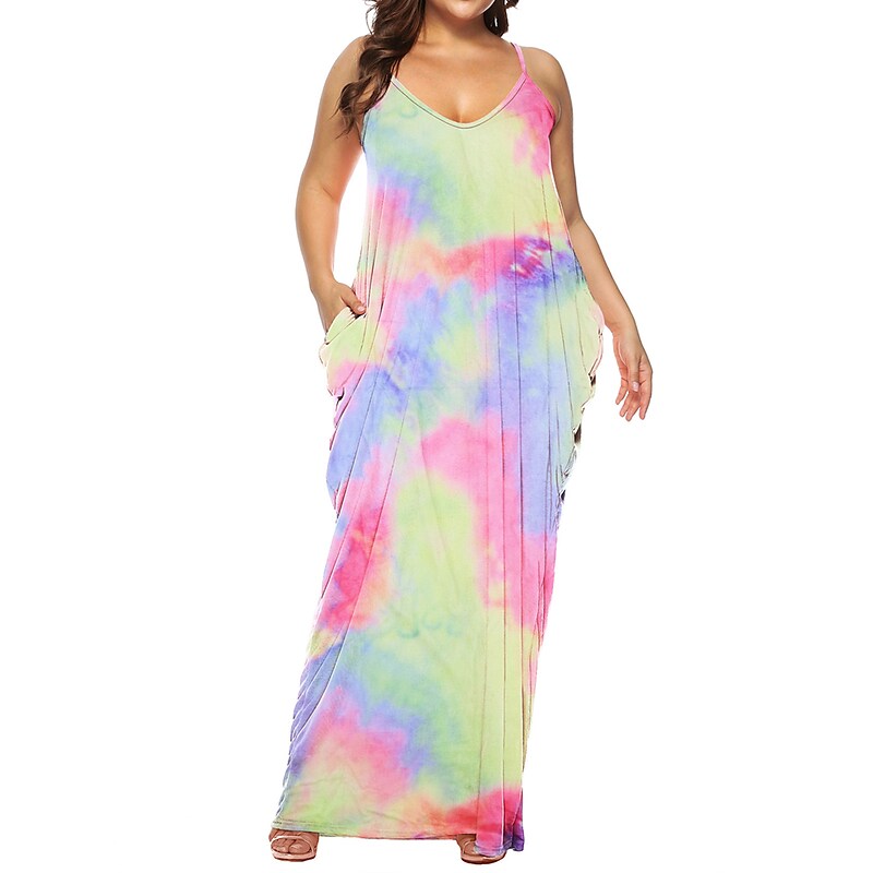 flowersverse Women's Plus Size Casual Dress Shift Dress Slip Dress Leaf Tie Dye Long Dress Maxi Dress Sleeveless Pocket Print Strap Fashion Daily Light Yellow White Spring Summer XL XXL 3XL